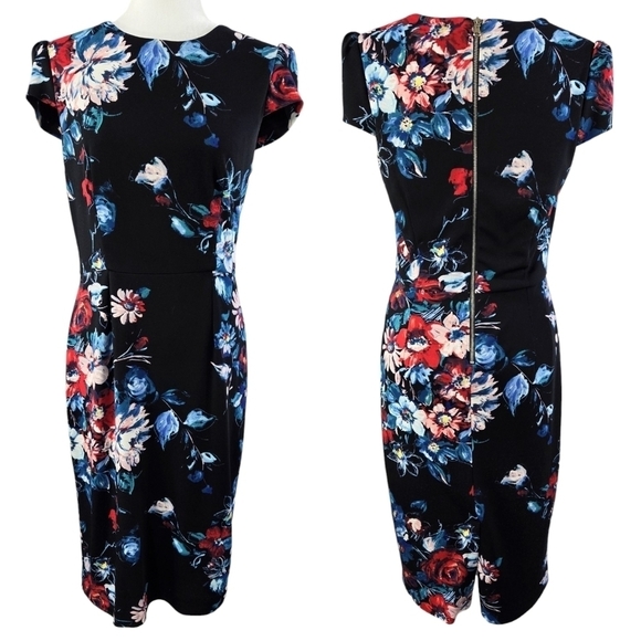 Betsey Johnson Black Floral Short Cap Sleeve Fitted Sheath Dress Romantic - Picture 1 of 10